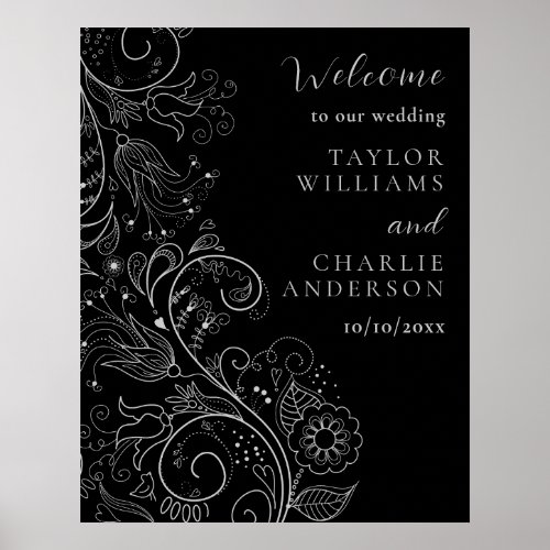 Silver and Black Elegant Floral Wedding Welcome Poster