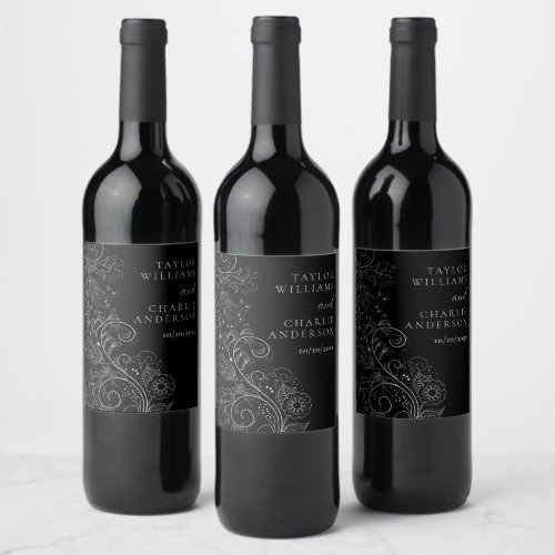 Silver and Black Elegant Floral Wedding Wine Label