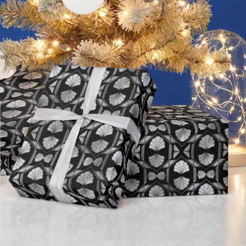 Silver and Black Floral Art Deco Pattern Wrapping Paper