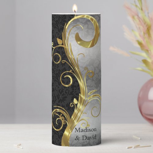 Silver And Black Floral Damask  Pillar Candle