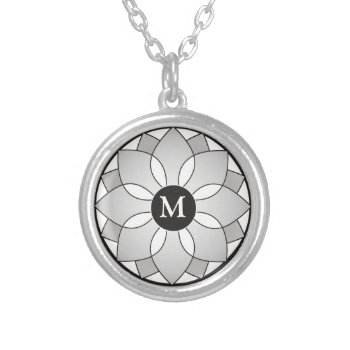 Silver And Black Floral Framed Monogram Silver Plated Necklace by InitialsMonogram at Zazzle