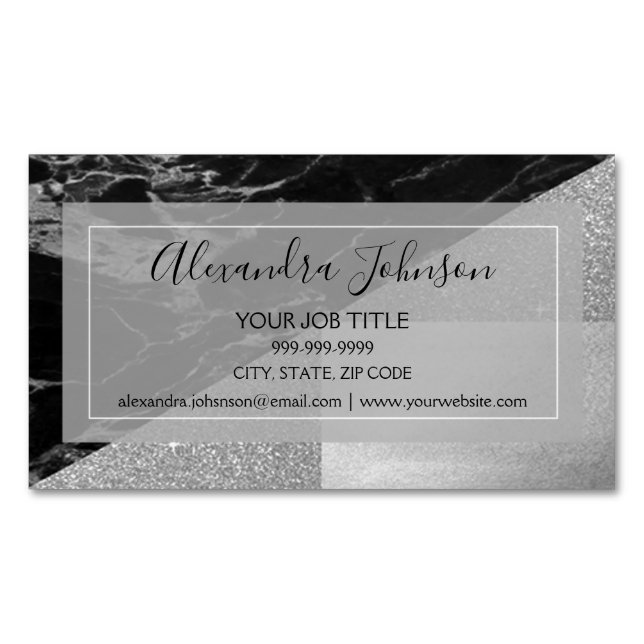 Silver and Black Geometric Business Card Magnet (Front)
