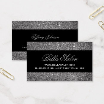 Silver And Black Glam Faux Glitter Business Card by jenniferstuartdesign at Zazzle