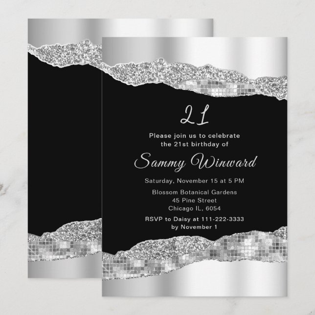 Silver and Black Glam Tears Birthday Party Invitation (Front/Back)