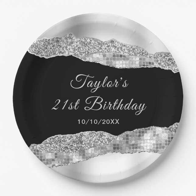 Silver and Black Glam Tears Birthday Party Paper Plates (Front)