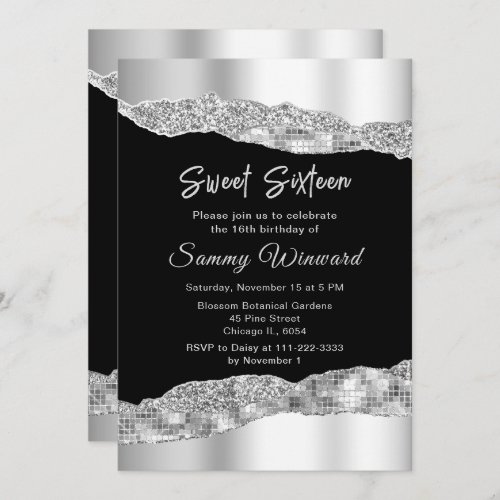 Silver and Black Glam Tears Sweet Sixteen Invitation