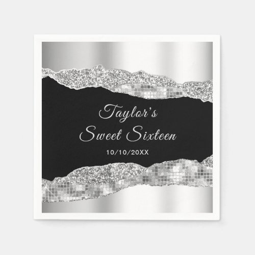 Silver and Black Glam Tears Sweet Sixteen Napkins