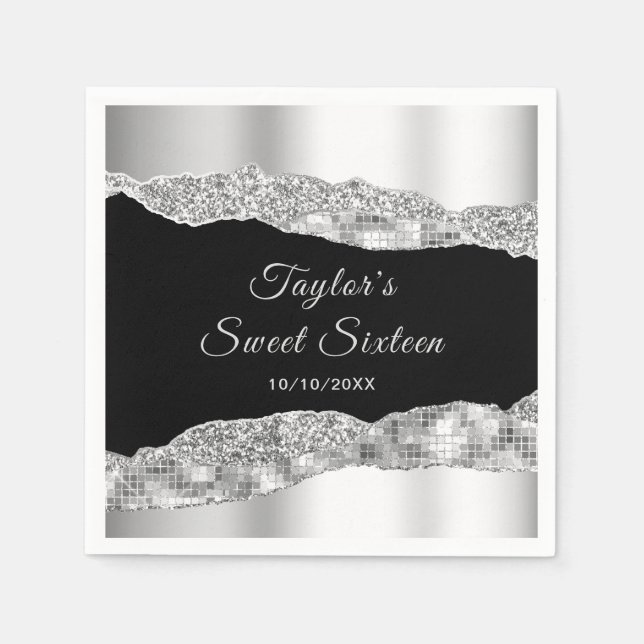 Silver and Black Glam Tears Sweet Sixteen Napkins (Front)