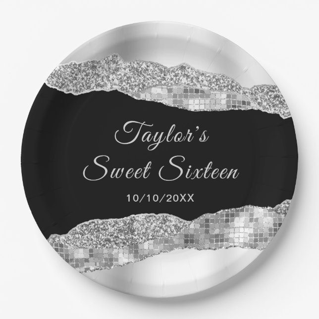 Silver and Black Glam Tears Sweet Sixteen Paper Plates (Front)