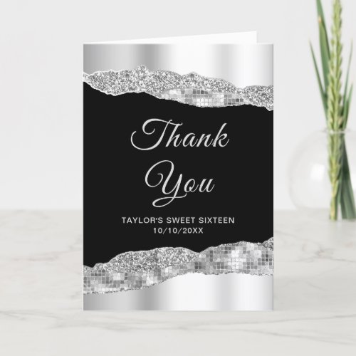 Silver and Black Glam Tears Sweet Sixteen Thank You Card