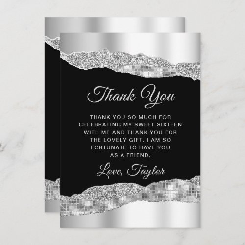 Silver and Black Glam Tears Sweet Sixteen Thank You Card