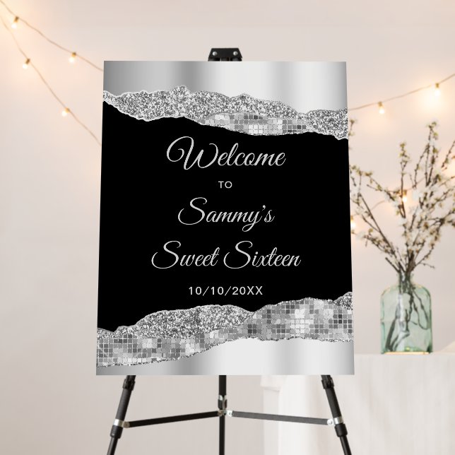 Silver and Black Glam Tears Sweet Sixteen Welcome Foam Board (In Situ (Stand))