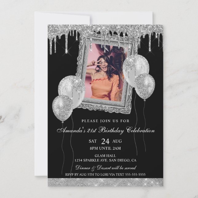 Silver and Black Glitter Drip Photo Frame Invitation (Front)