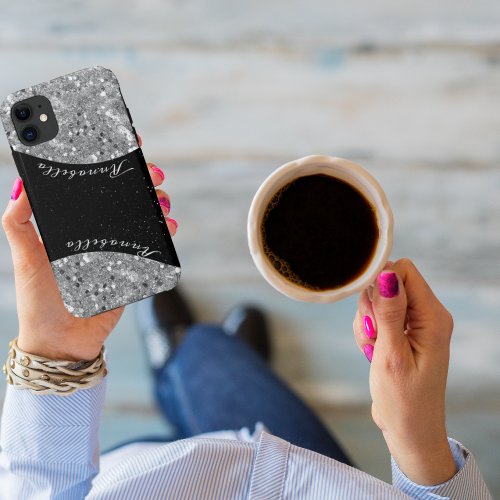 Silver And Black Glitter Glam Bling Personalized   iPhone 11 Case