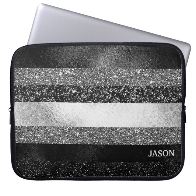 Silver and Black Glitter Laptop Sleeve (Front)