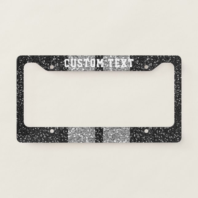 Silver and Black Glitter Racing Stripes Custom License Plate Frame (Front)