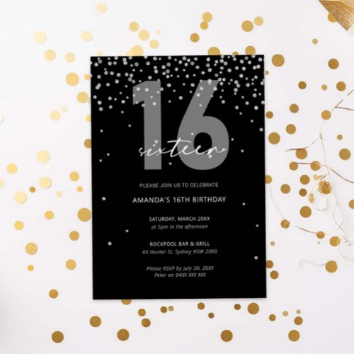 Silver and black glitter sparkle 16th birthday invitation