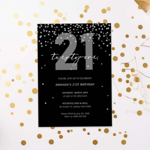 Silver and black glitter sparkle 21st birthday invitation