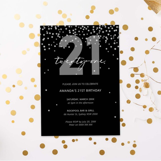 Silver and black glitter sparkle 21st birthday invitation (Creator Uploaded)