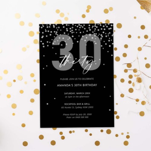 Silver and black glitter sparkle 30th birthday invitation