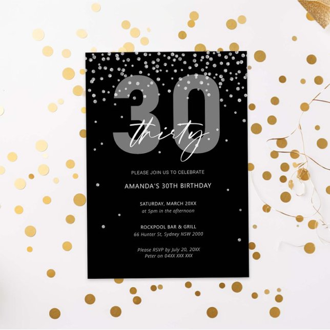Silver and black glitter sparkle 30th birthday invitation (Creator Uploaded)