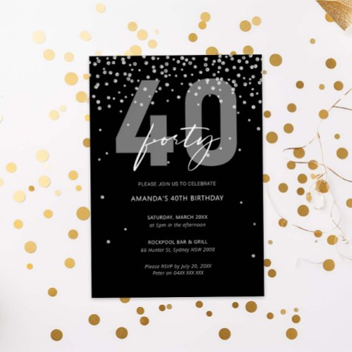 Silver and black glitter sparkle 40th birthday invitation