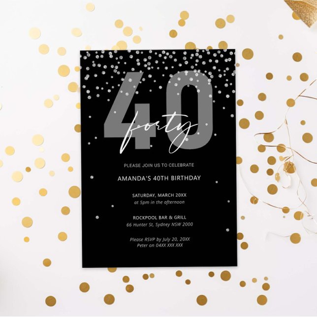 Silver and black glitter sparkle 40th birthday invitation (Creator Uploaded)