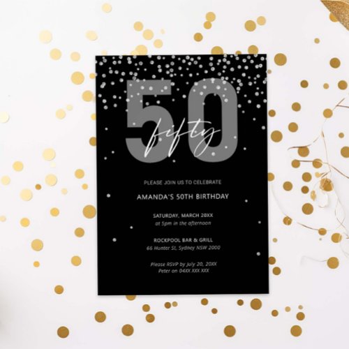 Silver and black glitter sparkle 50th birthday invitation