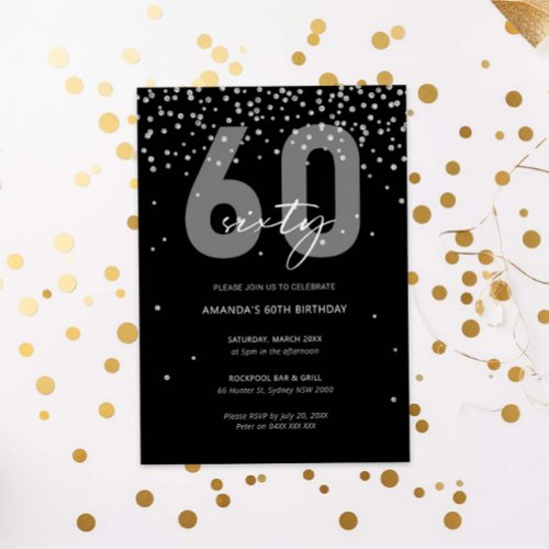 Silver and black glitter sparkle 60th birthday invitation