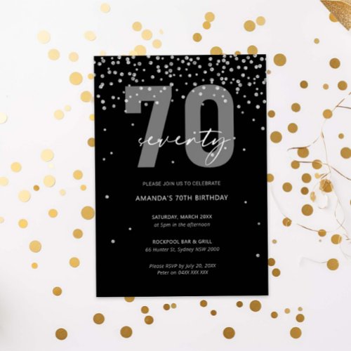 Silver and black glitter sparkle 70th birthday invitation