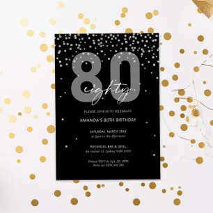Silver and black glitter sparkle 80th birthday invitation