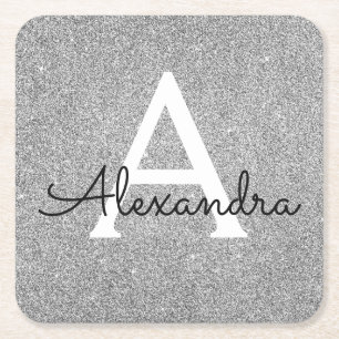 Silver and Black Glitter & Sparkle Monogram Square Paper Coaster