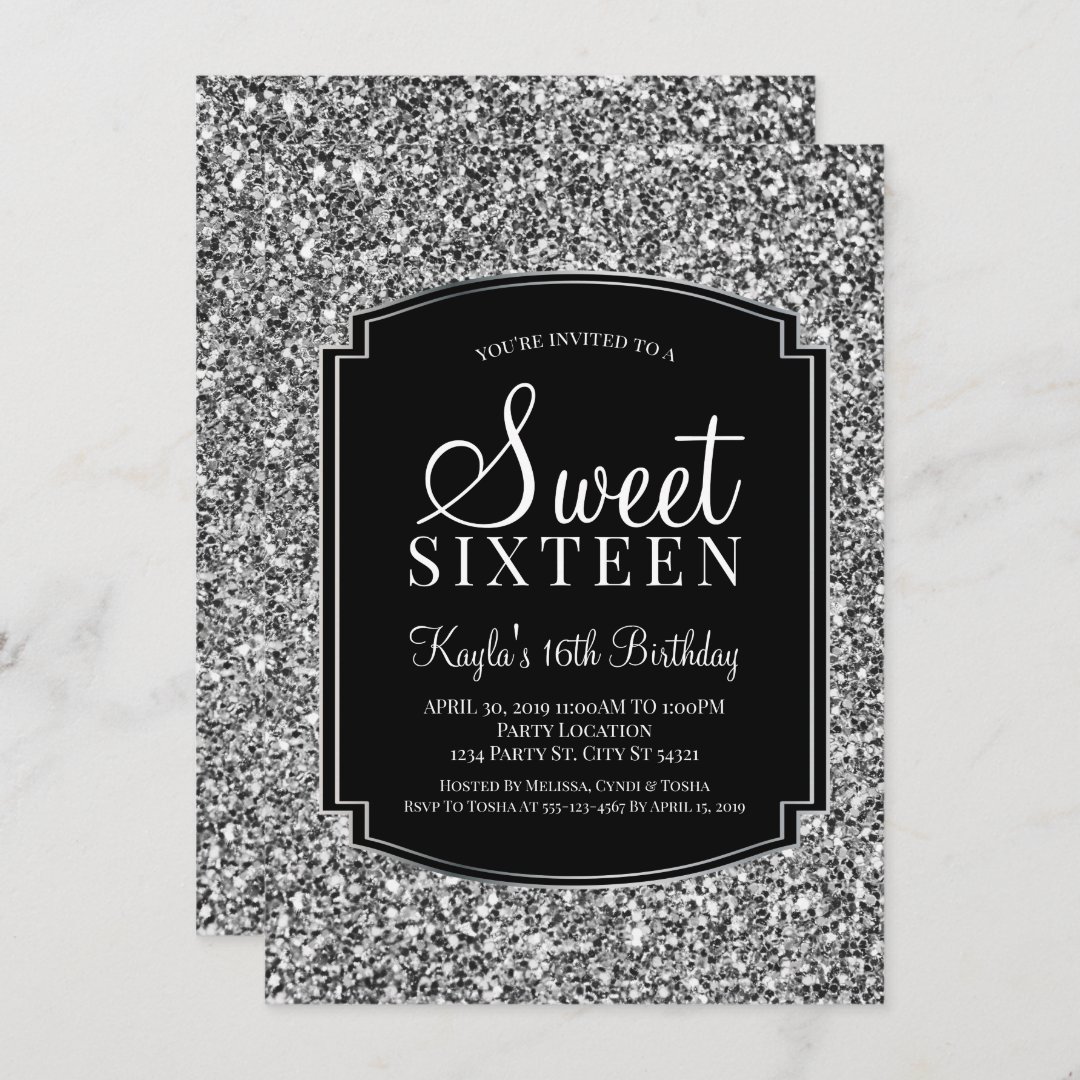 Silver and Black Glitter Sweet 16 Invitations | Zazzle