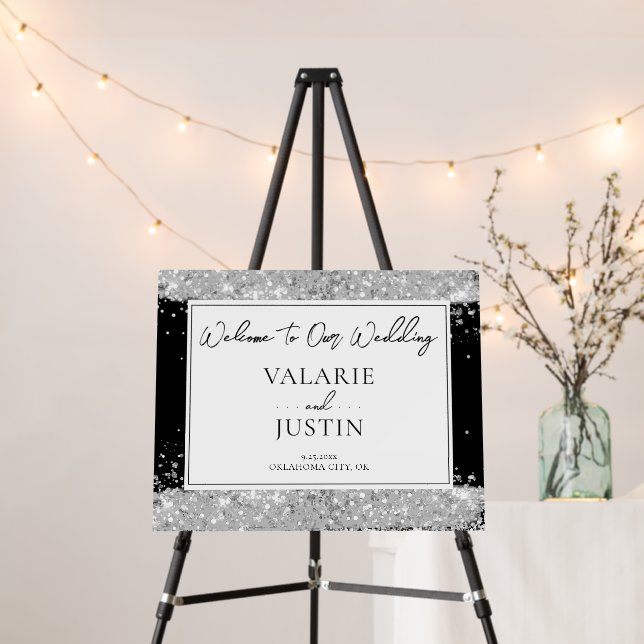 Silver and Black Glitter Welcome Wedding Foam Board (In Situ (Stand))