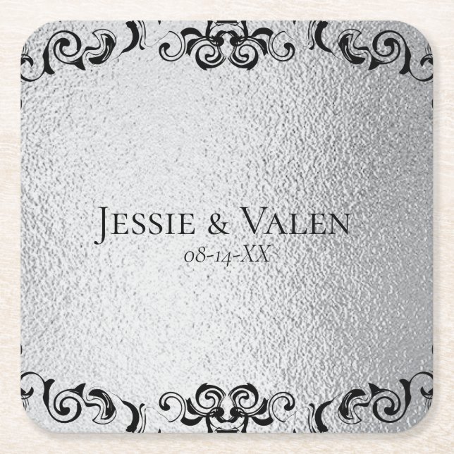 Silver and Black Gothic Wedding Square Paper Coaster (Front)