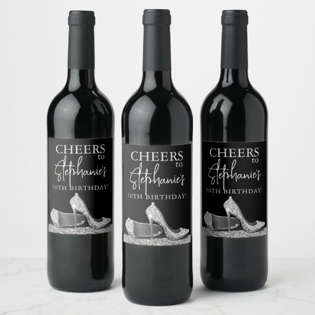 Silver and Black High Heel Shoes Cheers Custom Wine Label | Zazzle