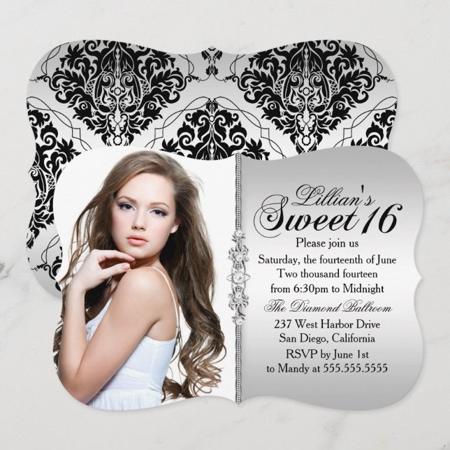 Silver and Black Jewel Damask Sweet 16 Birthday Invitation (Front/Back)