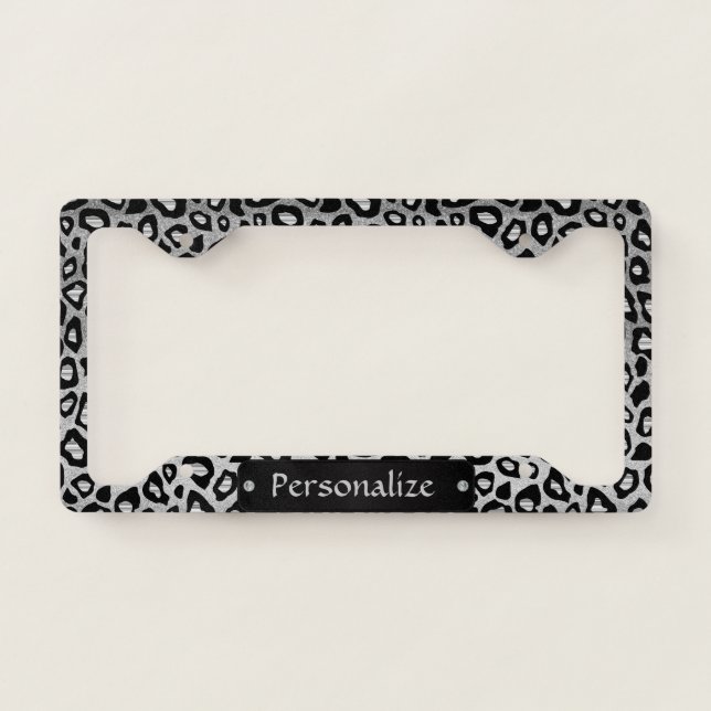 Silver and Black Leopard Skin Pattern License Plate Frame (Front)