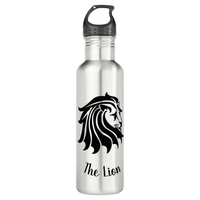 Silver and Black Lion Silhouette Water Bottle