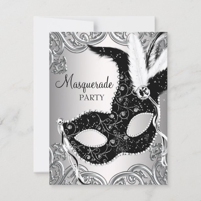 Silver and Black Mask Masquerade Party Invitation (Front)