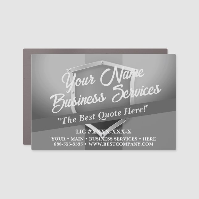 Silver and Black Metal Shield Business Sign Magnet (Front)
