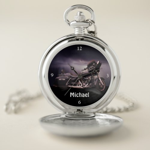 Silver and Black Motorcycle in Storm Pocket Watch