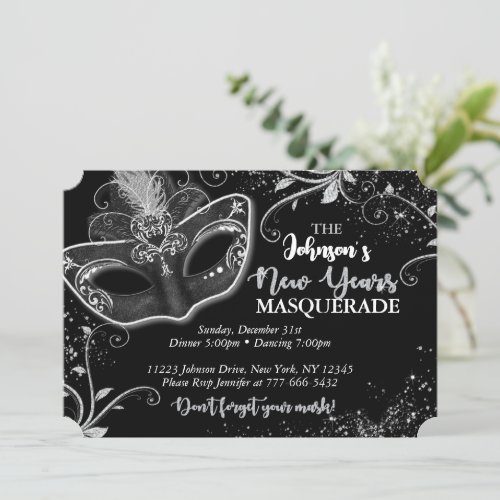 Silver and Black New Years Masquerade Party Invitation