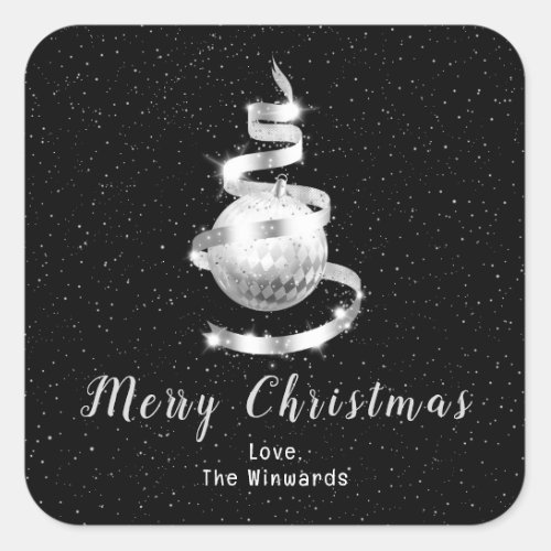 Silver and Black Ornament Merry Christmas Square Sticker