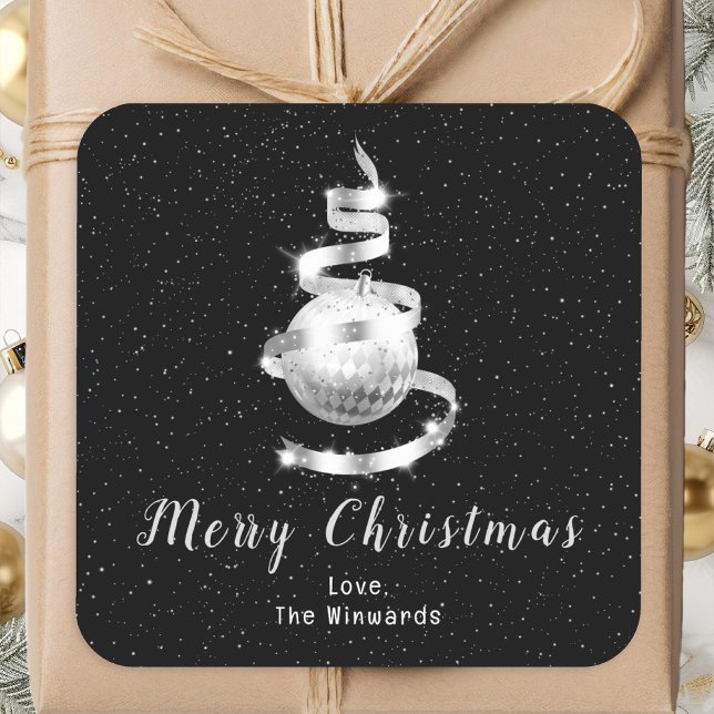 Silver and Black Ornament Merry Christmas Square Sticker (Creator Uploaded)