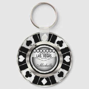 Silver and Black Poker Chip Design - Personalise Keychain