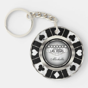 Silver and Black Poker Chip Design - Personalize Keychain