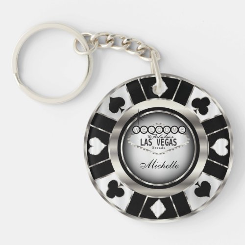 Silver and Black Poker Chip Design _ Personalize Keychain