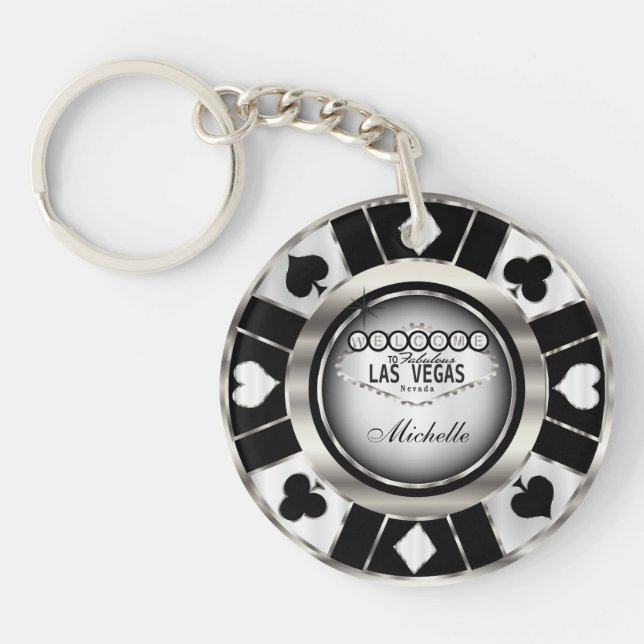 Silver and Black Poker Chip Design - Personalize Keychain (Front)