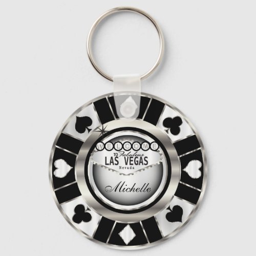 Silver and Black Poker Chip Design _ Personalize Keychain